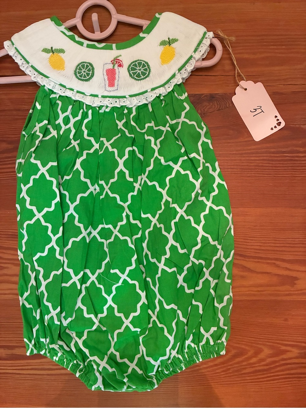 Green Lattice Baby Romper with Citrus Smocked Collar